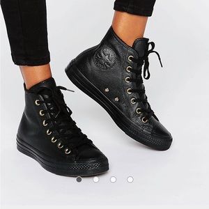 Converse Black Leather Faux Shearling Chuck Taylor Hi Top Sneakers